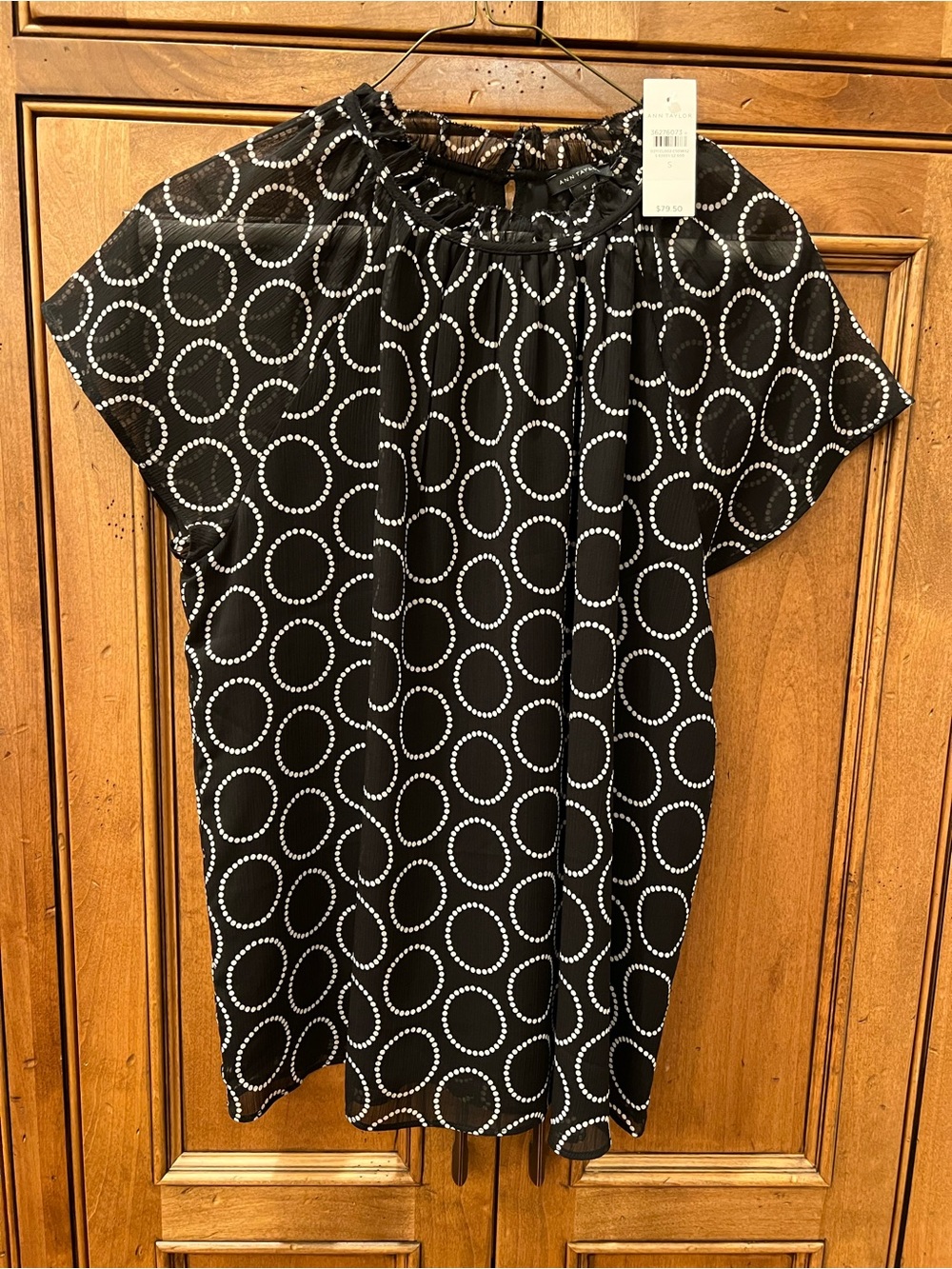 Ann Taylor Black Blouse with White Circle Print
